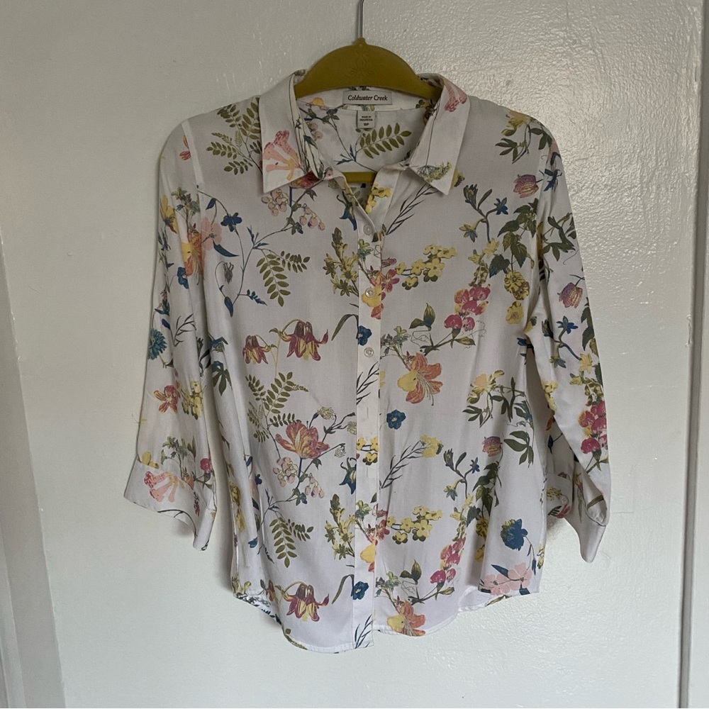 Coldwater Creek White Button Down Blouse 3/4 Sleeve